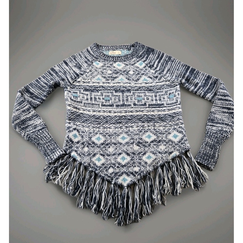 Hollister Women's Sweater Loose Knit Aztec Southwest Boho Triangle Fringed Hem S